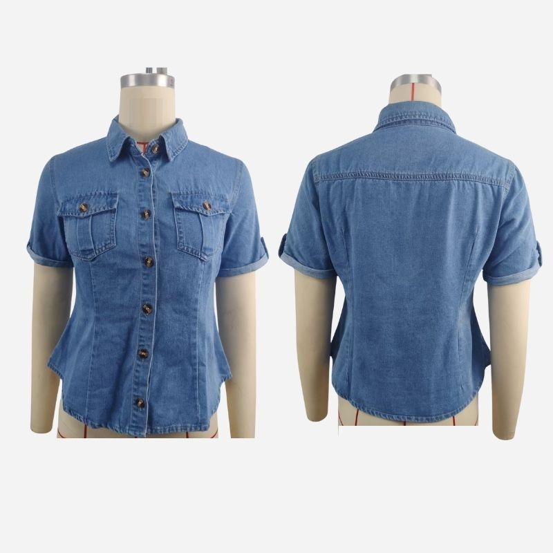 Fitted short sleeve denim shirt women slim fit jean blouse in blue, front and back views