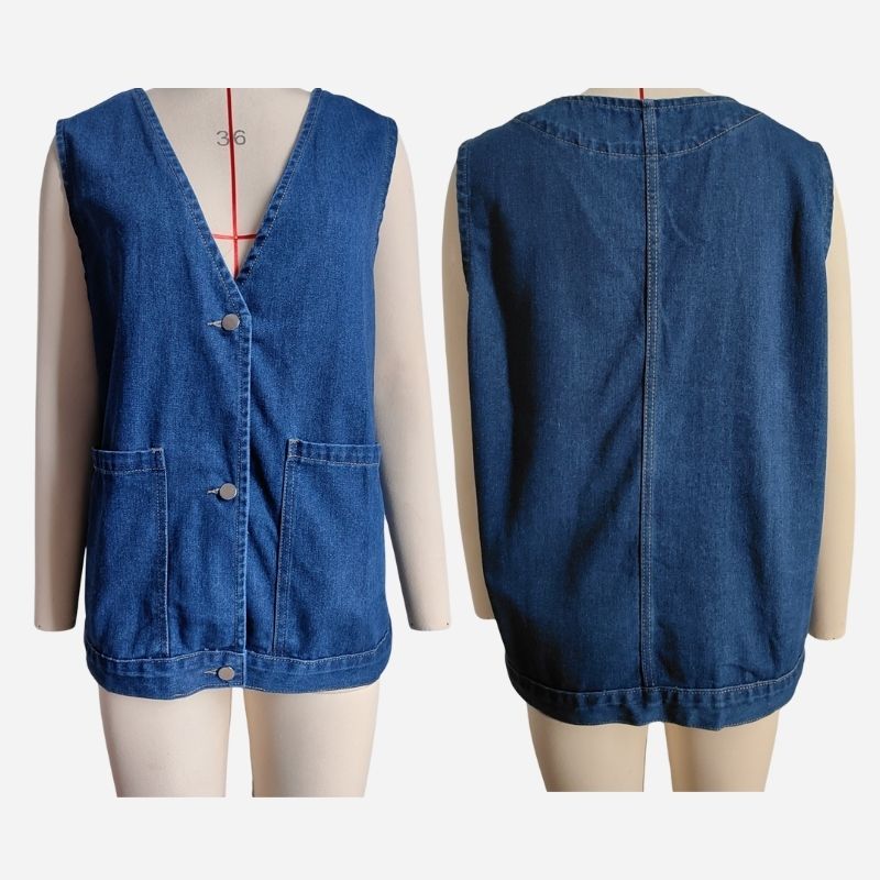 Sleeveless denim vest women jean waistcoat in navy, front and back views