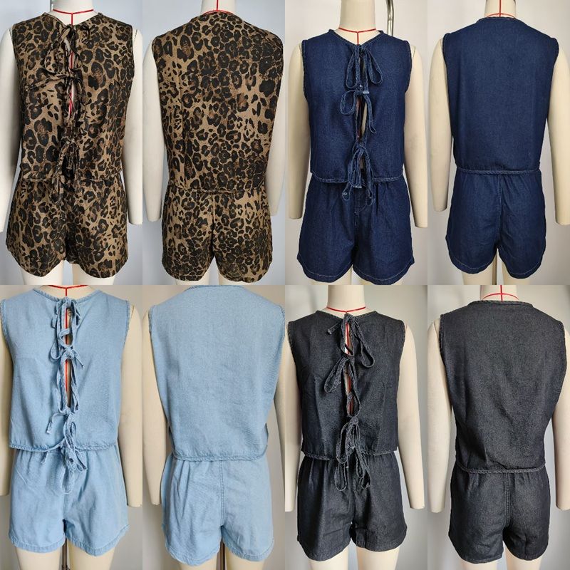 Sleeveless denim crop top & shorts two-piece set, front and back views