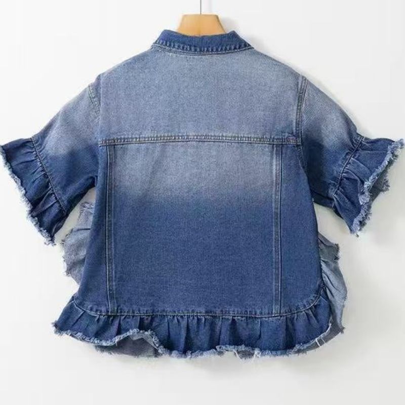 Women's ruffle sleeve denim jacket frayed hem jean coat in blue, back view