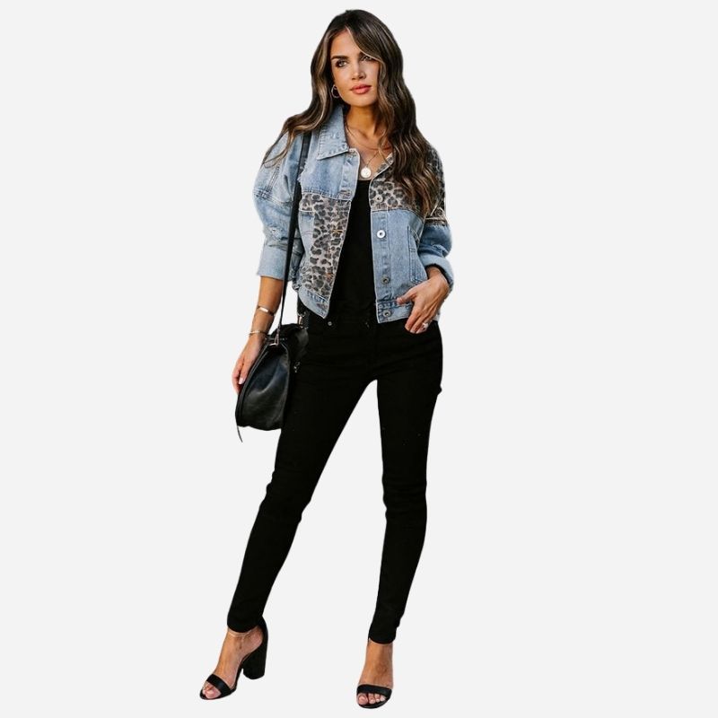 Womens Leopard Patchwork Denim Jacket Distressed Button Up Jean Coat