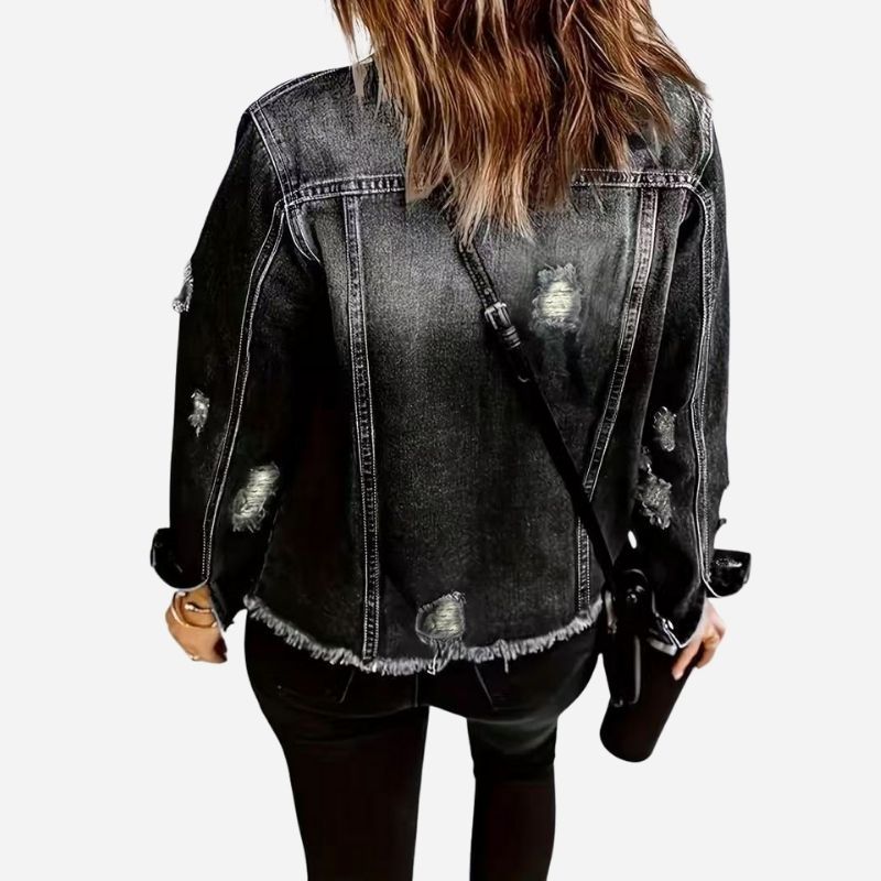 Women's ripped denim jacket distressed jean coat in black, back view