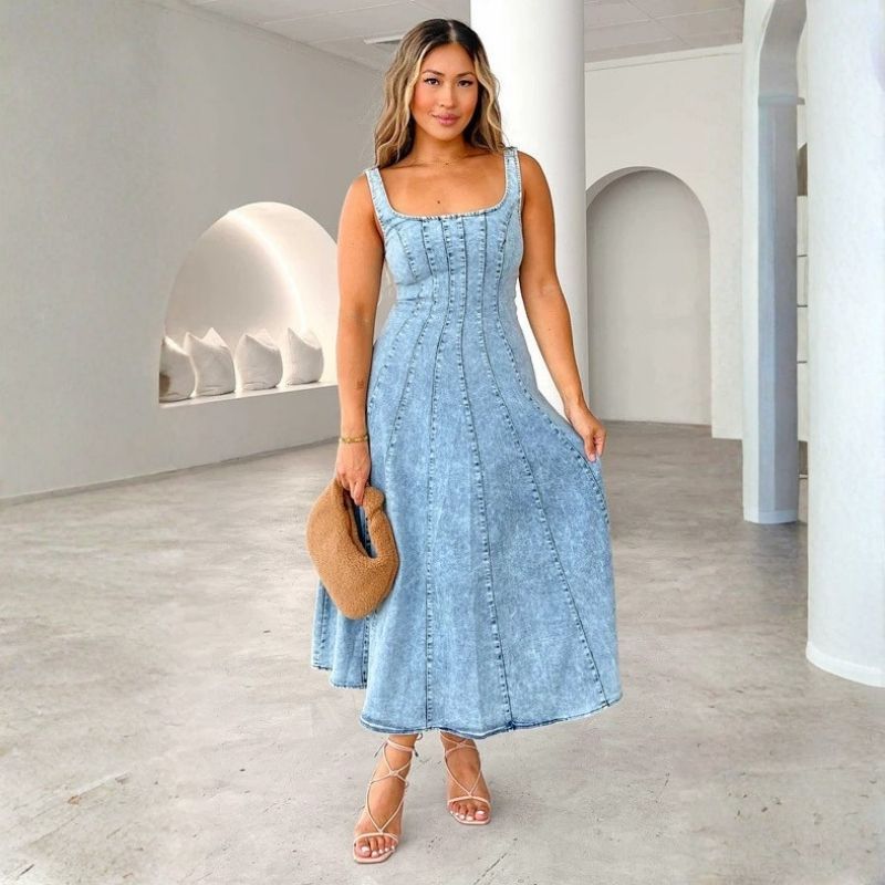 Adjustable strap denim maxi dress women spaghetti strap swing jean dress, front view