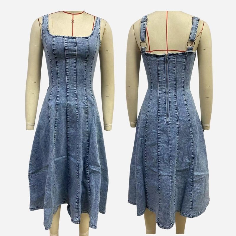 Adjustable strap denim maxi dress women spaghetti strap swing jean dress, front and back views