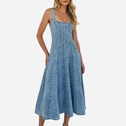 Adjustable Strap Denim Maxi Dress Women Spaghetti Strap Swing Jean Dress
