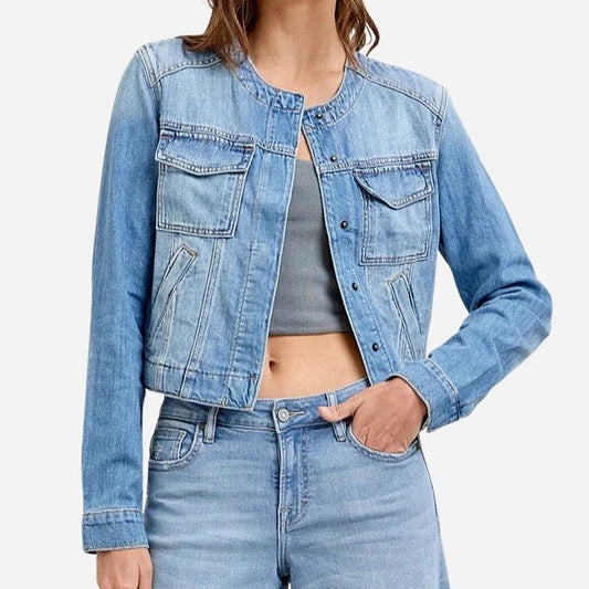 Collarless cropped denim jacket women long sleeve button up jean coat