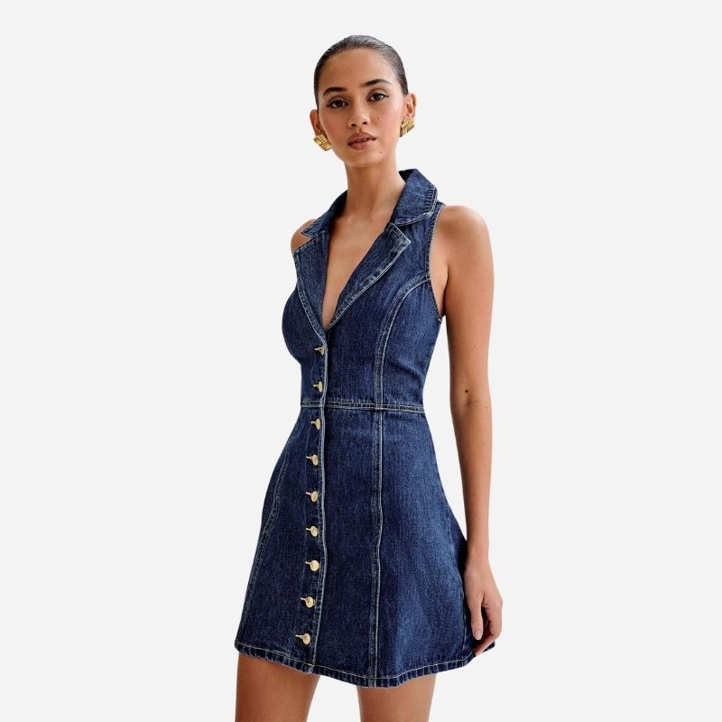 Denim halter mini dress women y2k sleeveless button down jean dress, side view