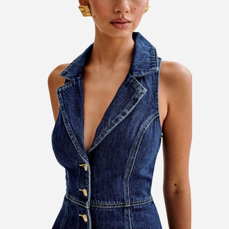 Denim halter mini dress women y2k sleeveless button down jean dress, details view