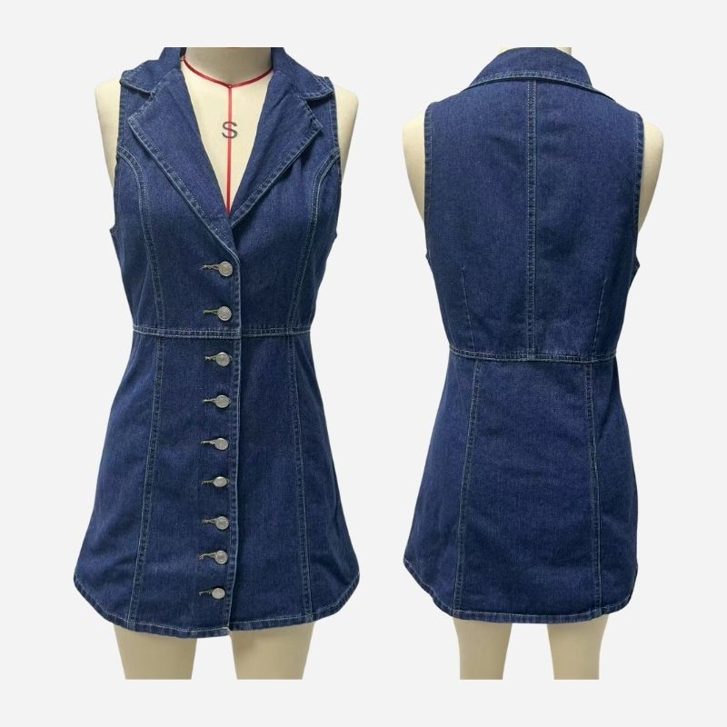 Denim halter mini dress women y2k sleeveless button down jean dress, front and back views