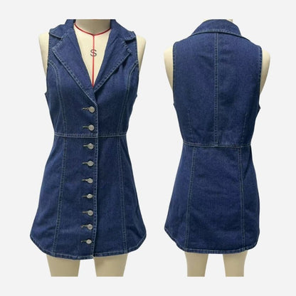 Denim halter mini dress women y2k sleeveless button down jean dress, front and back views