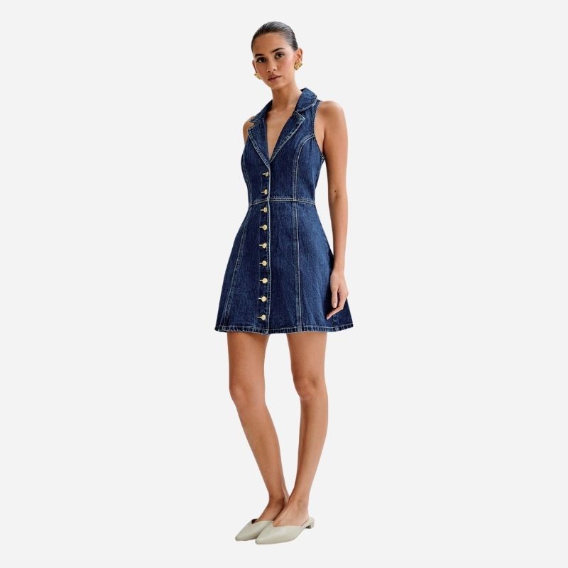 Denim halter mini dress women y2k button down jean dress
