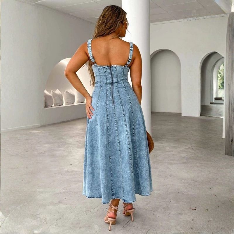 Adjustable strap denim maxi dress women swing jean dress, back view