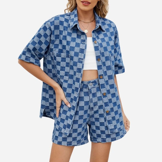 Denim shirt and shorts set women checkerboard button up two piece outfit