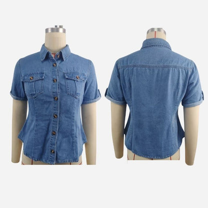 Fitted short sleeve denim shirt women slim fit jean blouse in blue, front and back views