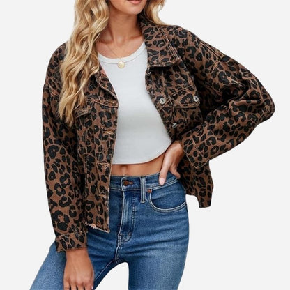 Leopard print cropped denim jacket women y2k raw hem jean coat