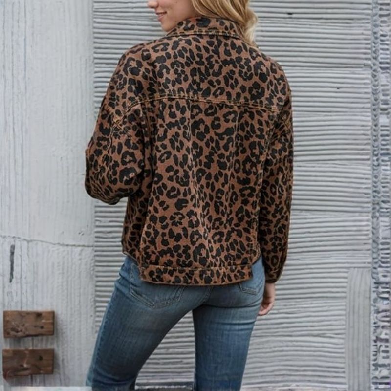 Leopard print cropped denim jacket women raw hem button down jean coat, back view
