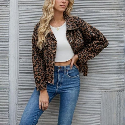 Leopard print cropped denim jacket women raw hem jean coat
