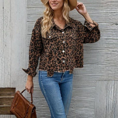 Leopard print cropped denim jacket women raw hem jean coat, front view