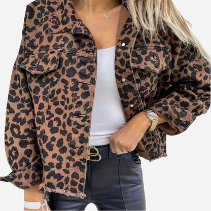 Leopard print cropped denim jacket women raw hem button down jean coat