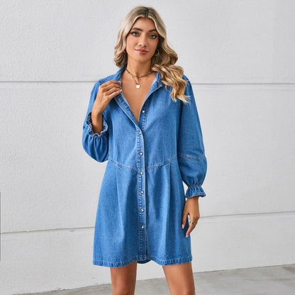 Long sleeve denim shirt dress button down mini a-line tunic in blue