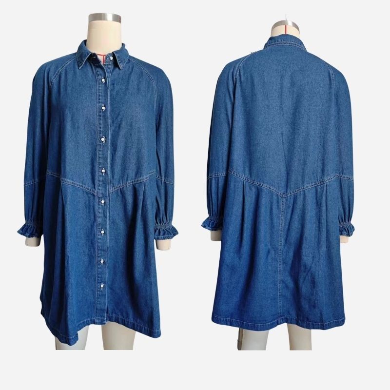 Long sleeve denim shirt dress button down mini a-line tunic, front and back views