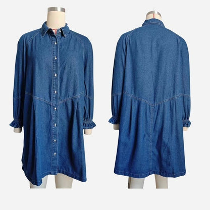 Long sleeve denim shirt dress button down mini a-line tunic, front and back views