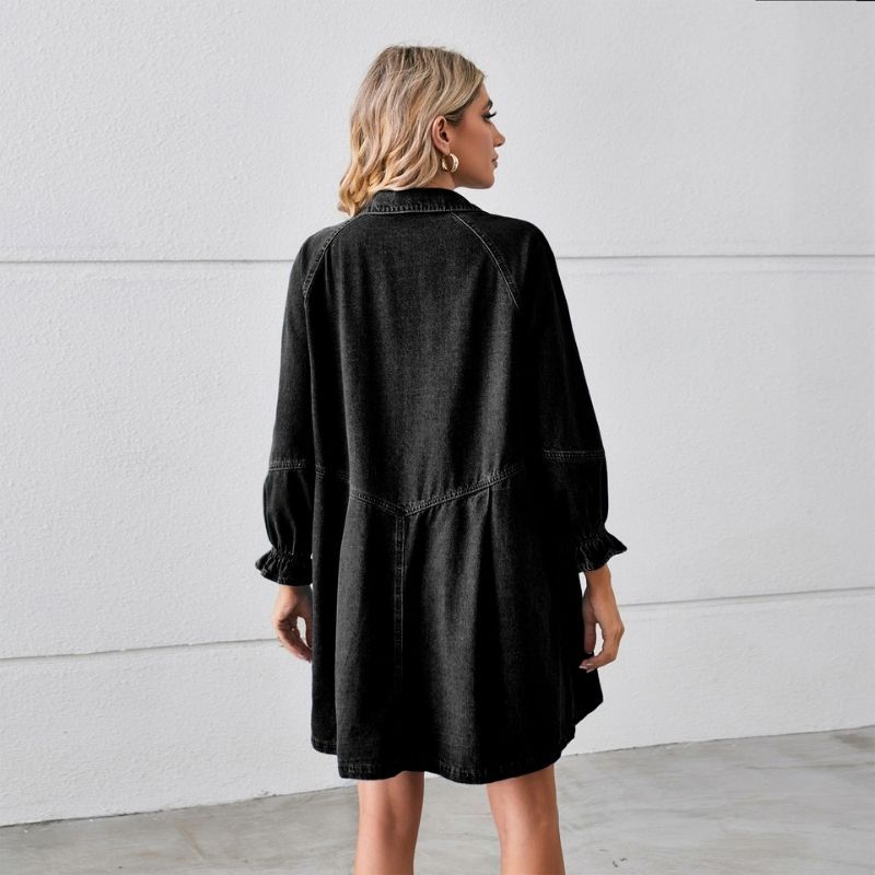 Long sleeve denim shirt dress button down mini a-line tunic in black, back view