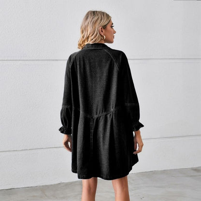 Long sleeve denim shirt dress button down mini a-line tunic in black, back view