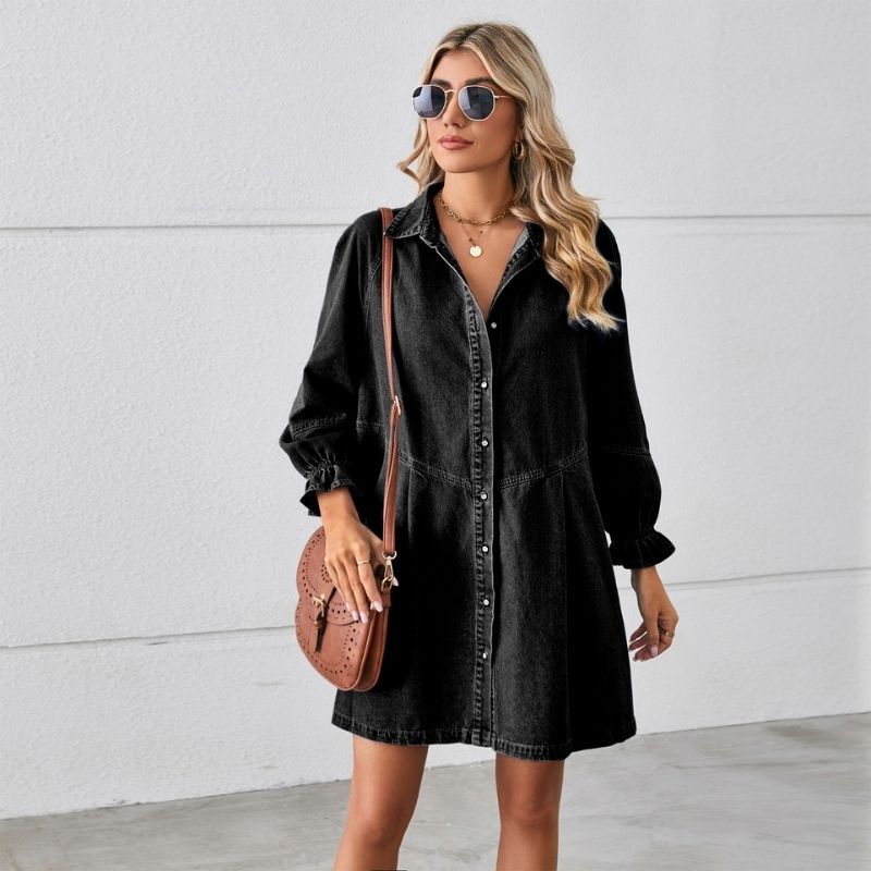 Long sleeve denim shirt dress button down mini a-line tunic in black, front view