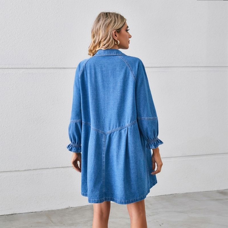 Long sleeve denim shirt dress button down mini a-line tunic in blue, back view