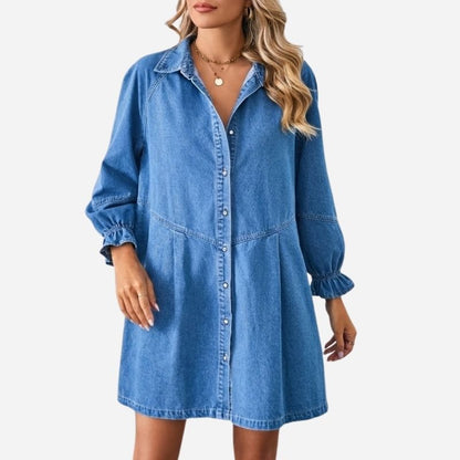 Long sleeve denim shirt dress button down mini a-line tunic in blue, front view