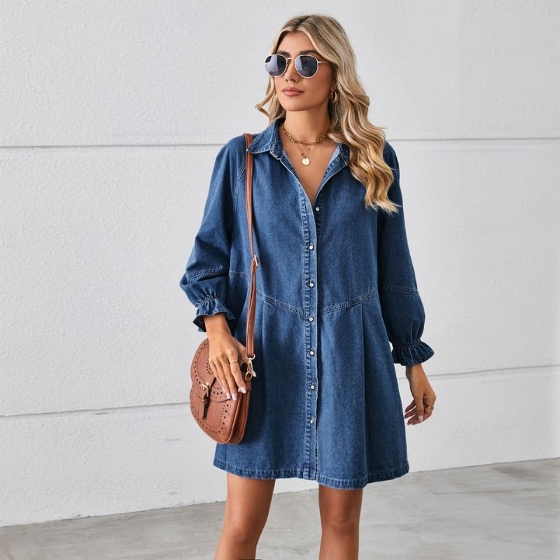 Long sleeve denim shirt dress button down mini a-line tunic in navy, front view