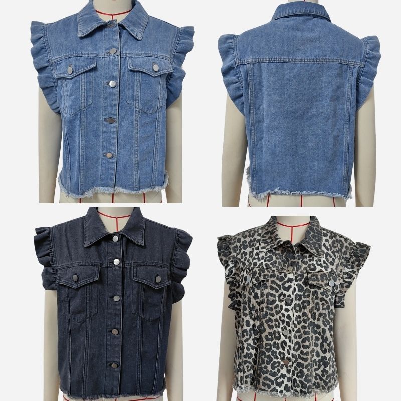 Ruffle sleeve denim vest women button front jean top, front and back views