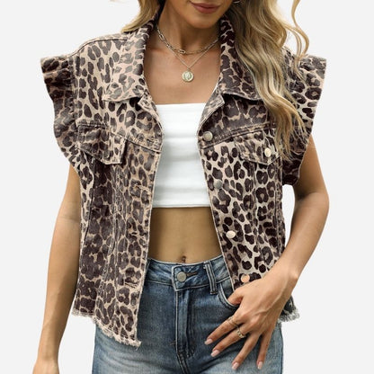 Ruffle sleeve denim vest women button front jean top in leopard, front view
