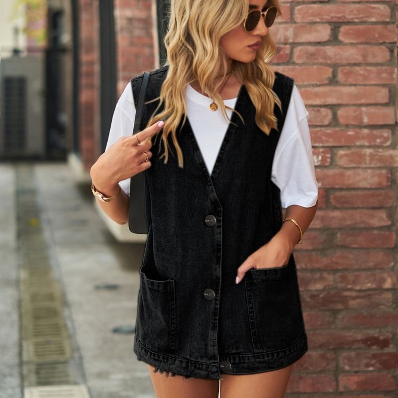 Sleeveless denim vest women jean waistcoat in black, front view
