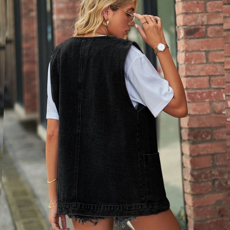 Sleeveless denim vest women jean waistcoat in black, back view