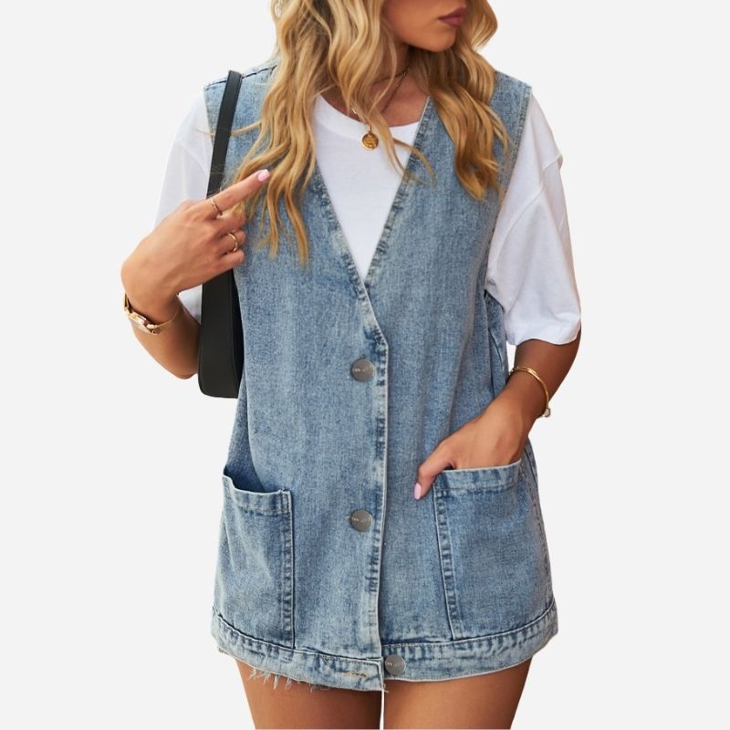 Sleeveless denim vest women jean waistcoat in light blue, front view