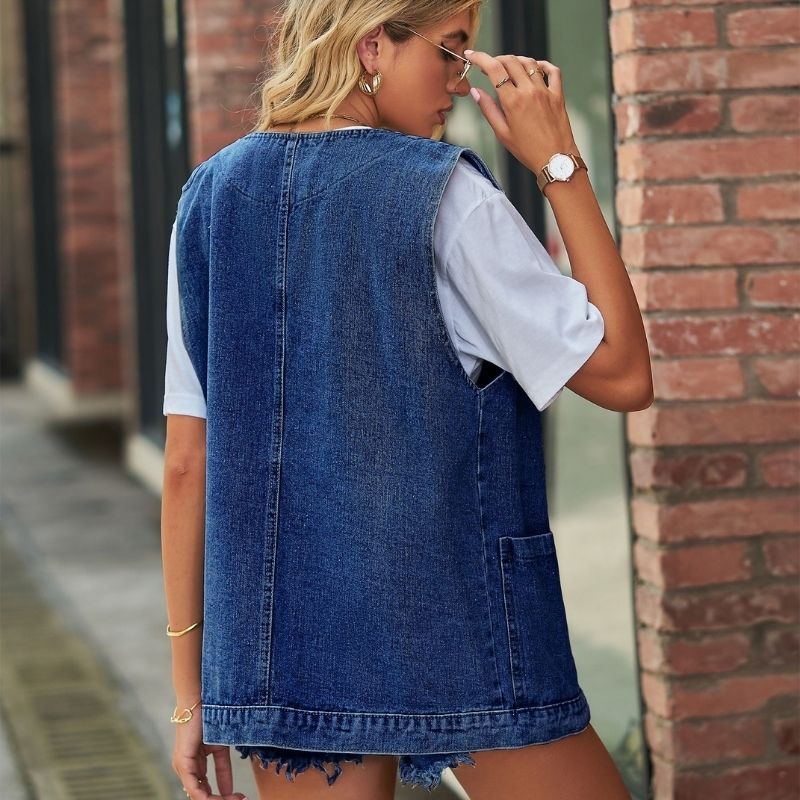Sleeveless denim vest women jean waistcoat in navy, back view