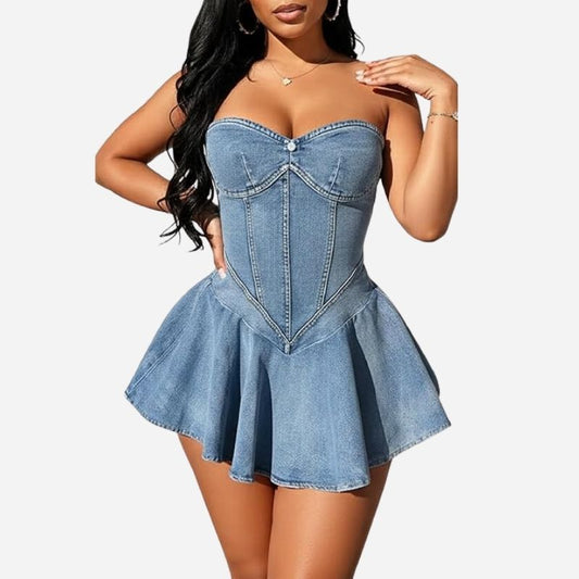 Strapless denim mini dress women off shoulder corset tube jean dress
