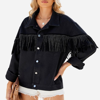 Western fringe denim jacket women frayed tassel rhinestone jean shacket