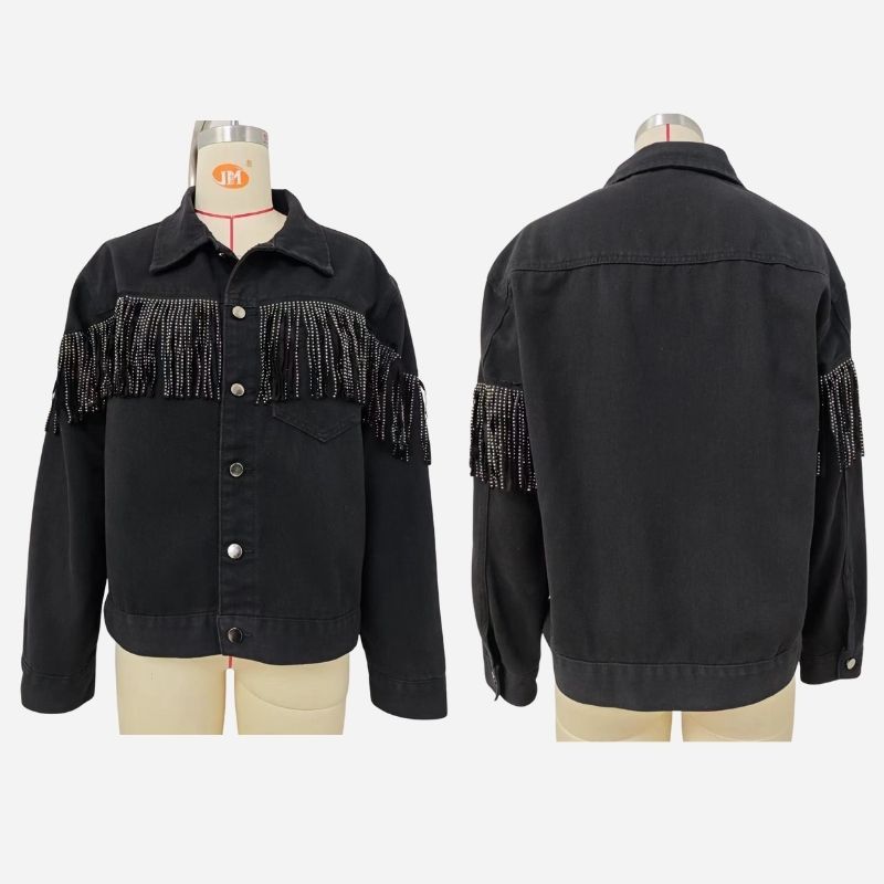 Fringe denim jacket women tassel rhinestone jean shacket in black, front and back views