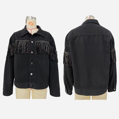 Fringe denim jacket women tassel rhinestone jean shacket in black, front and back views