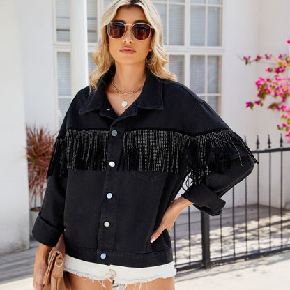 Fringe denim jacket women tassel rhinestone jean shacket in black, front view