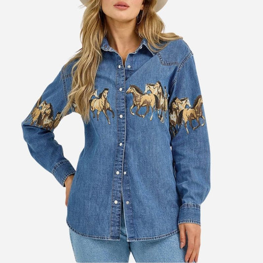 Western horse print denim shirt women long sleeve cowboy top