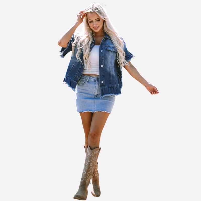 Women's ruffle sleeve denim jacket frayed hem jean coat