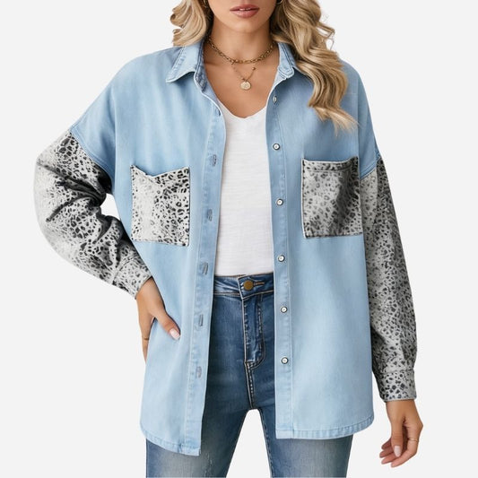 Women‘s contrast pocket denim shirt button down long sleeve casual top