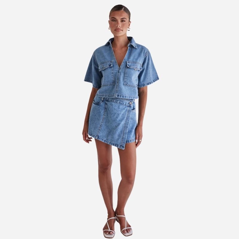 Women’s cropped denim shirt & jean skirt two piece set