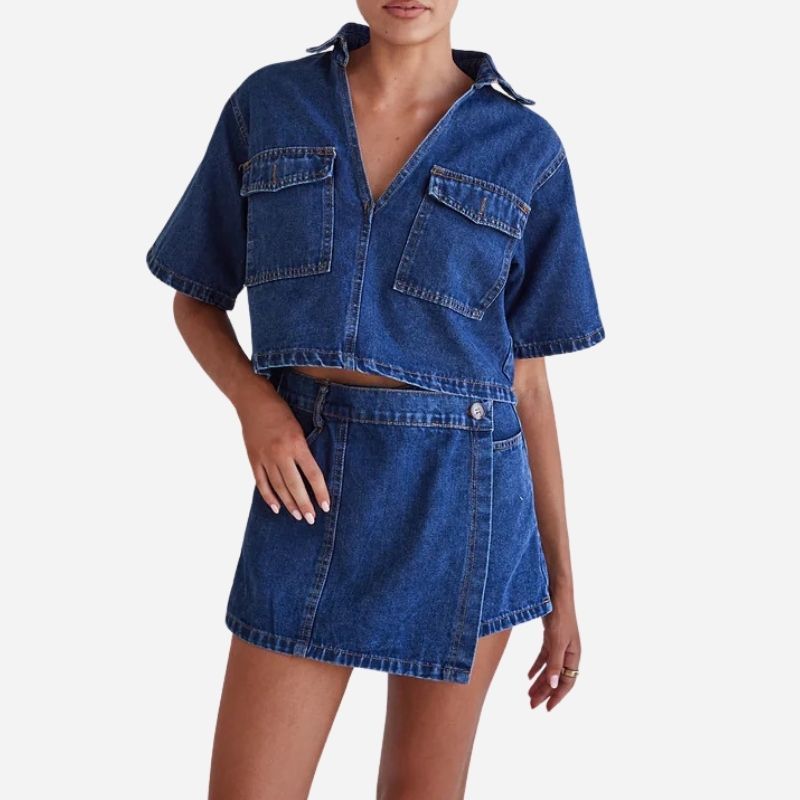 Women’s cropped denim shirt & high waist jean skirt two piece set in blue, front view