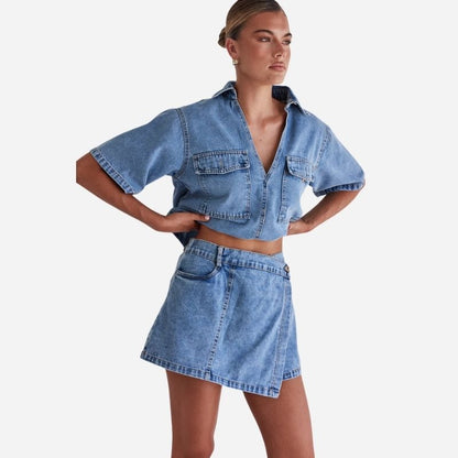 Women’s cropped denim shirt & high waist jean skirt two piece set, front view