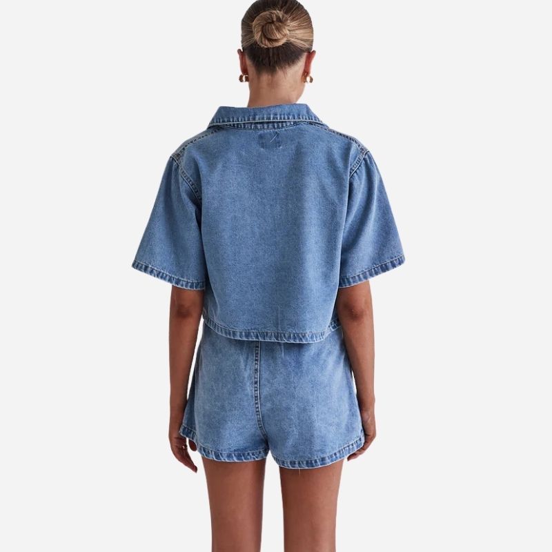 Women’s cropped denim shirt & high waist jean skirt set, back view